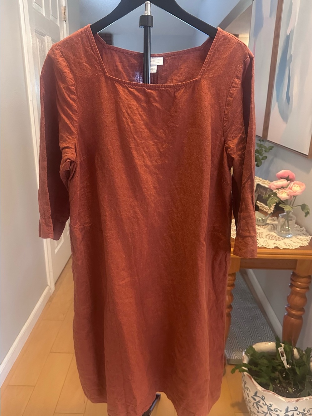 J Jill Women's Rust Linen Shift Dress - Casual 3/4 Sleeve